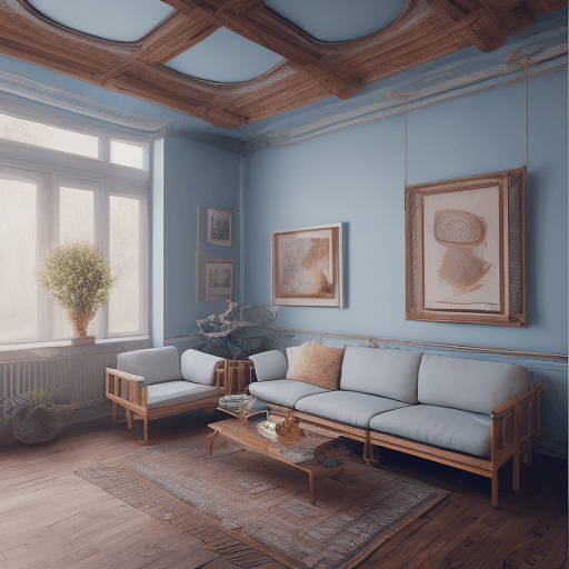 AI generated: High resolution photography interior design, dreamy sunken living room conversation pit, wooden floo...