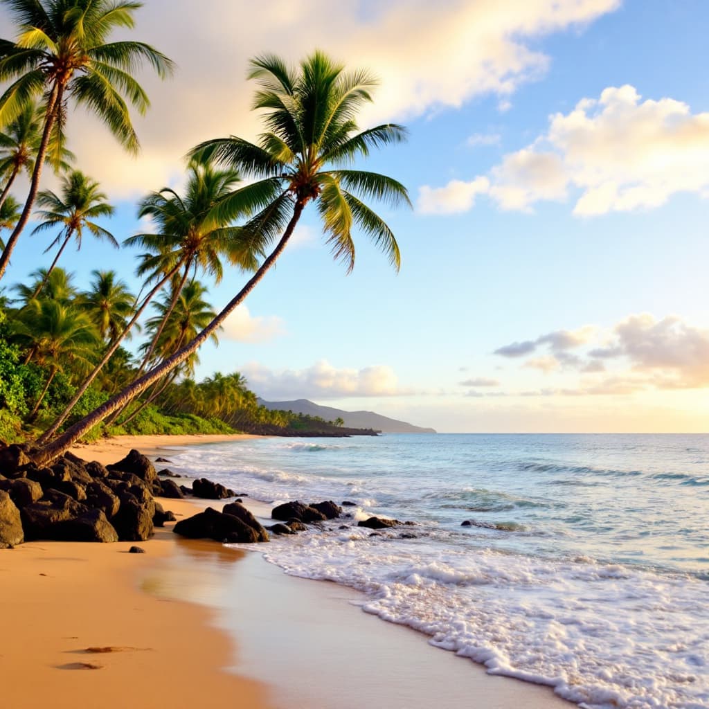 AI generated: Maui beach with palm trees, calm ocean waves, time of day is just before sunset. the view is from th...