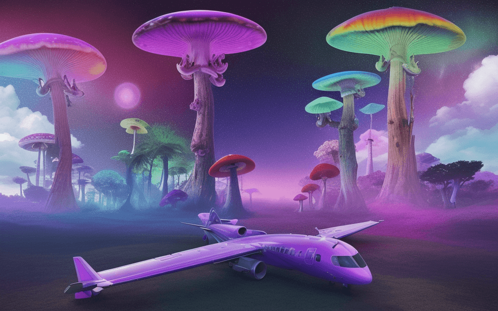 AI generated: High resolution photography 
Psychedelic air ticket for a trip, hallucinogenic mushrooms, happiness,...
