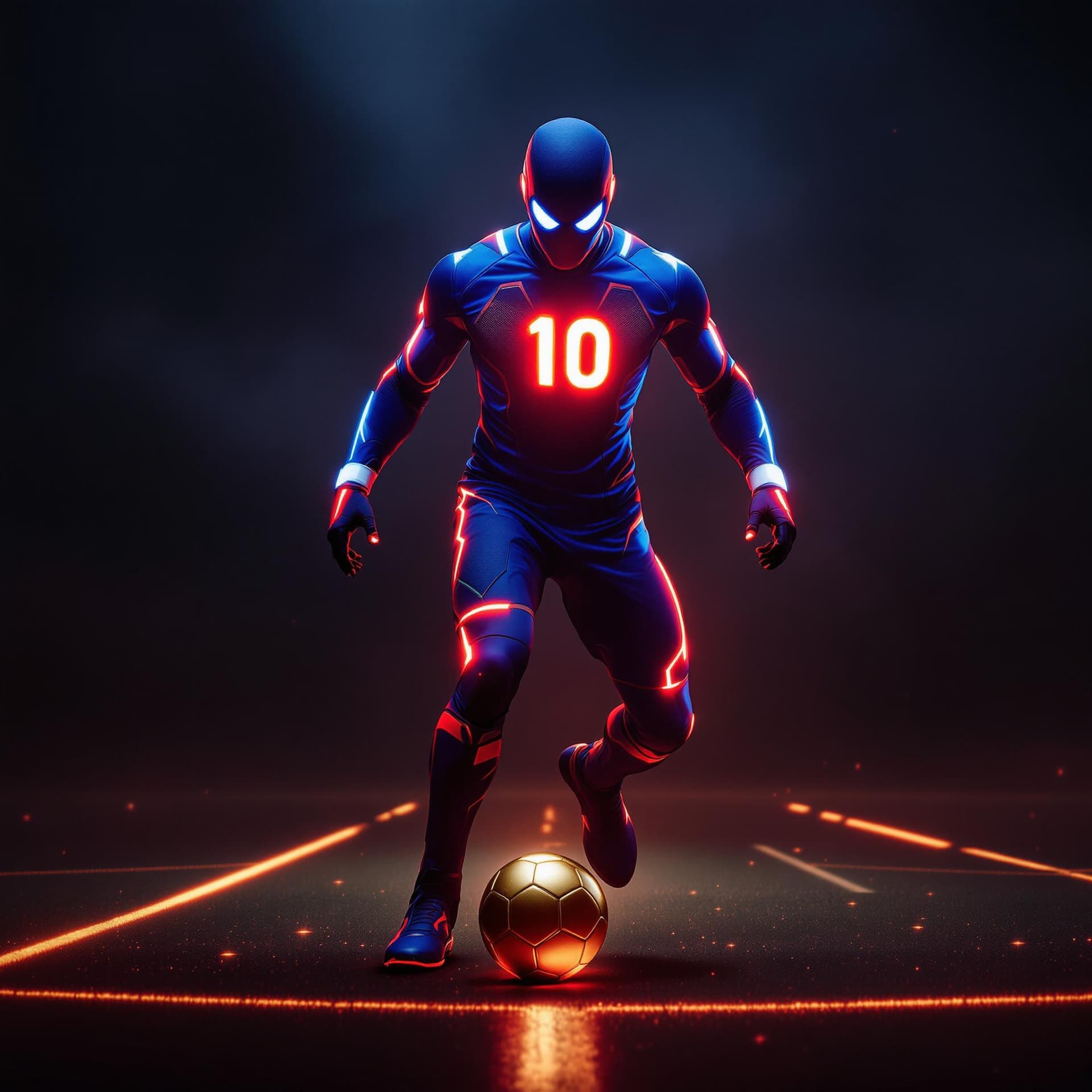 AI generated: FUTURE SOCCER PLAYER IN A TIGHT BLUE RED SUPERHERO SUIT WITH A FACE MASK AND THE NUMBER GLOWING TEN ...