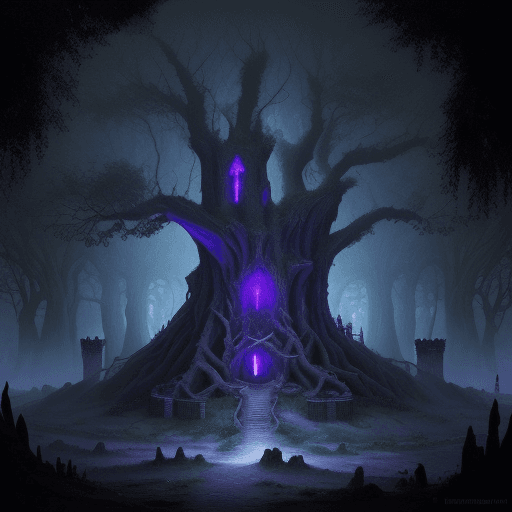 AI generated: fortress of ancient trees, fortress inside the trees, majestic, dungeon synth, dungeon, fairytale, n...