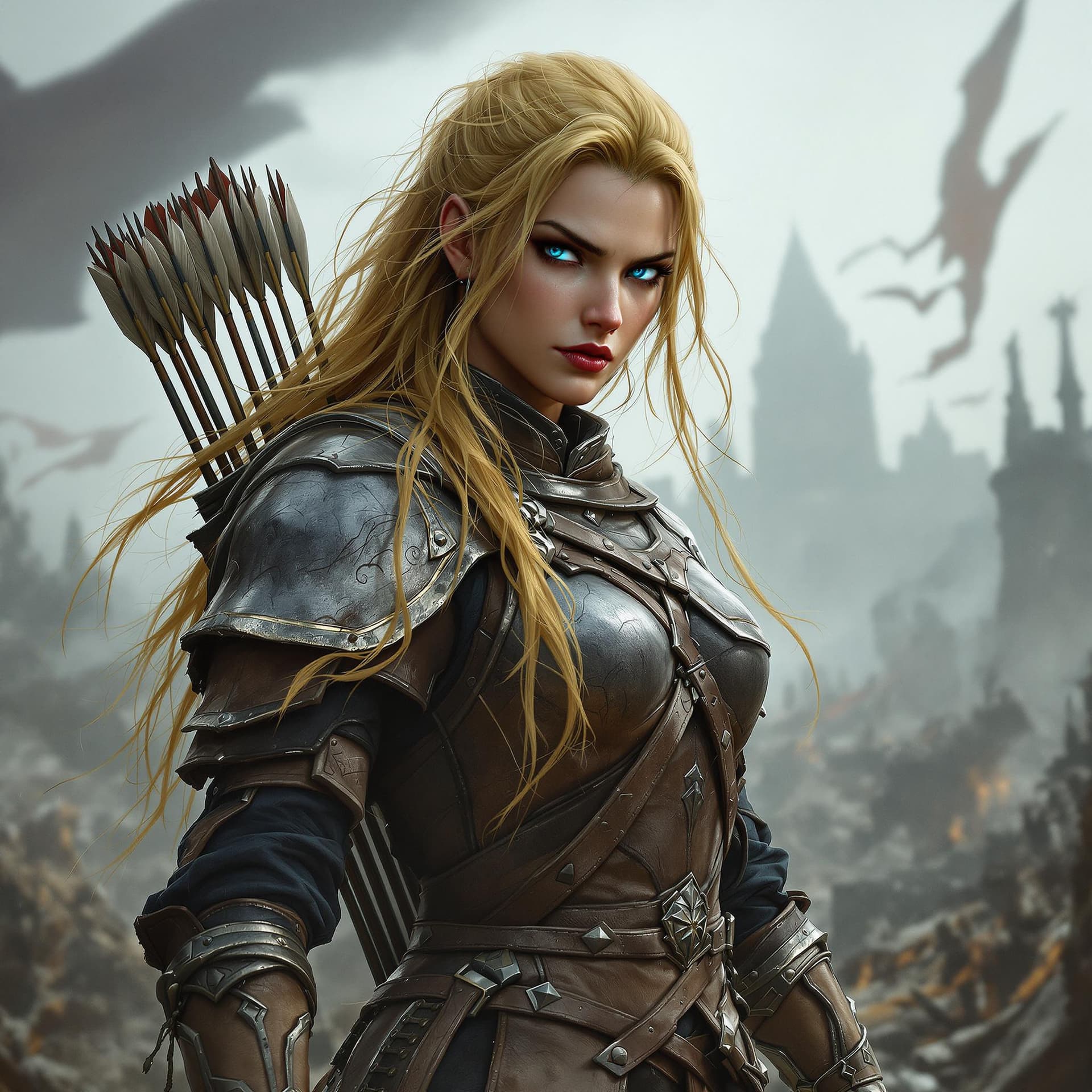 AI generated: A fierce female warrior blue eye and yellow long, hair , with a serious expression. She wears detail...