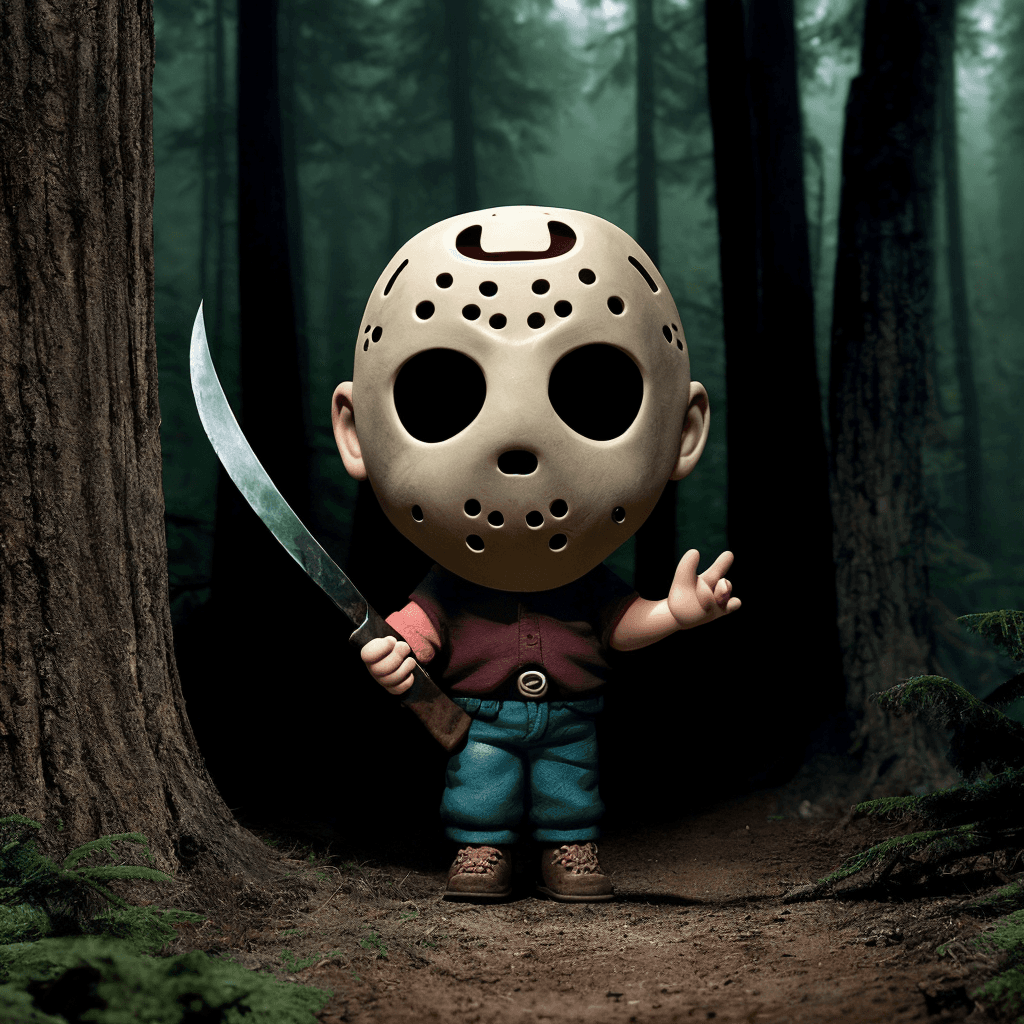 AI generated: 3d pixar cartoon style of (jason voorhees friday 13,holding a bloody machete), tim burton thriller m...