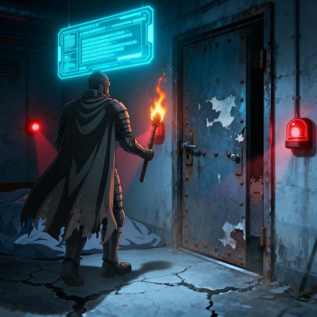 AI generated: You enter the door and you see a guard walking towards you with a torch and he cant see you