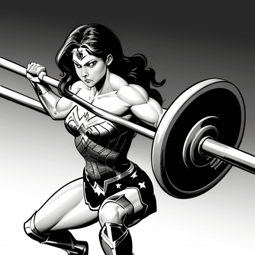AI generated: sketch, cartoon, line art, 2D, wonder woman, lifting a barbell, gym
