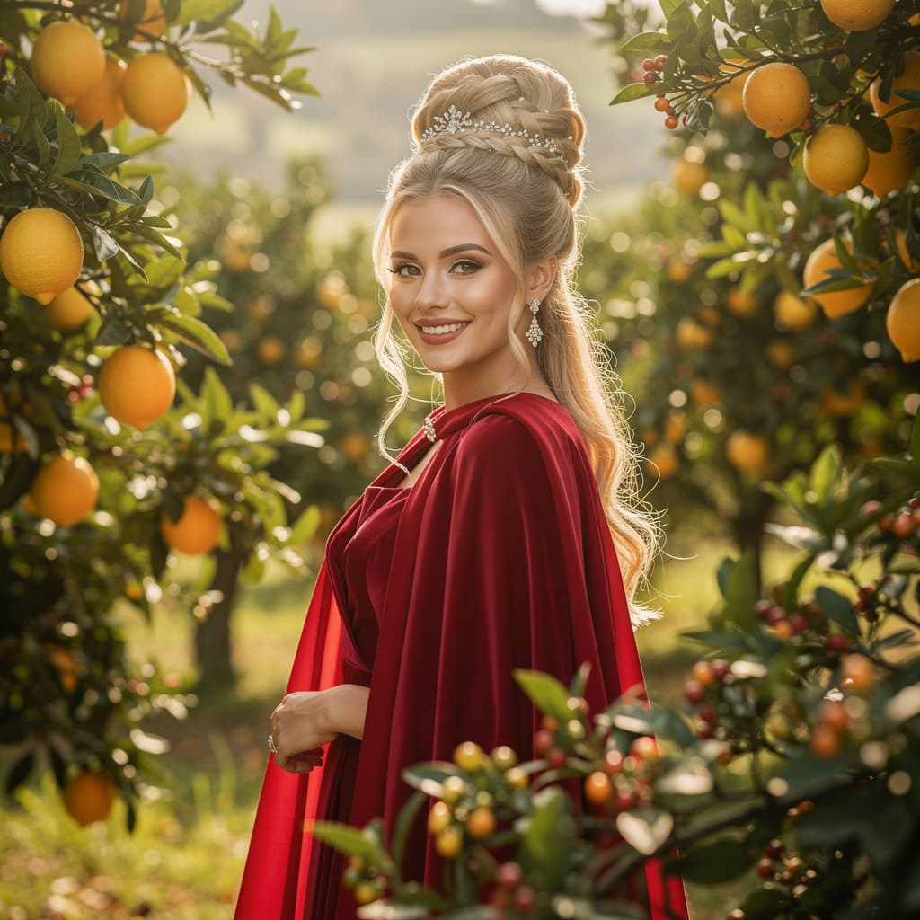 AI generated: An elegant, young woman with a macromastia breasts squats her blonde hair is adorned with jewels, an...