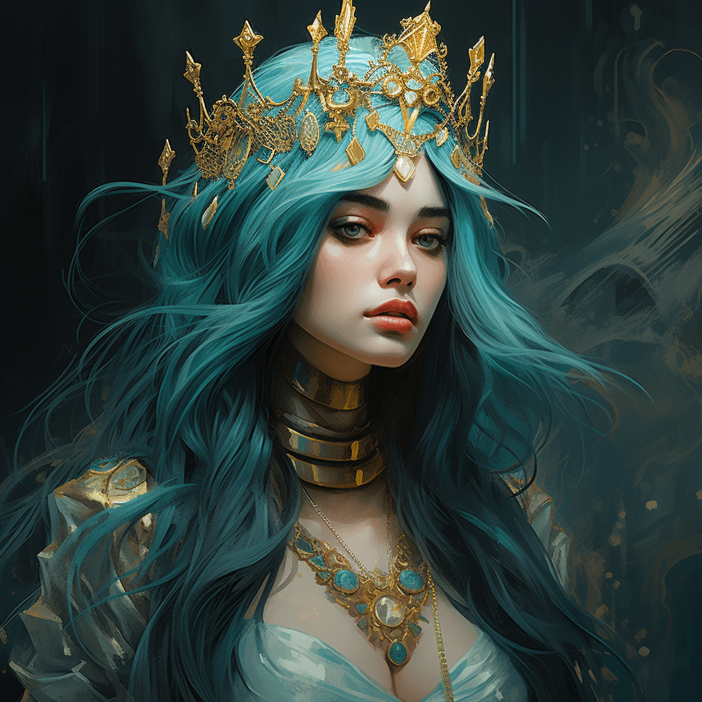 AI generated: A girl with blue hair and a gold crown above it, in the style of hyper - realistic water, lovecrafti...