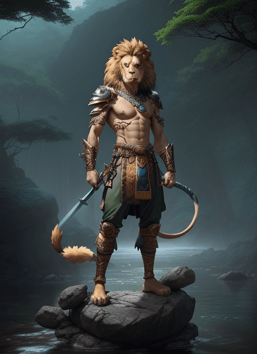AI generated: an anthropomorphic lion warrior, with a tail, standing heroically on a rock holding a sword in his h...
