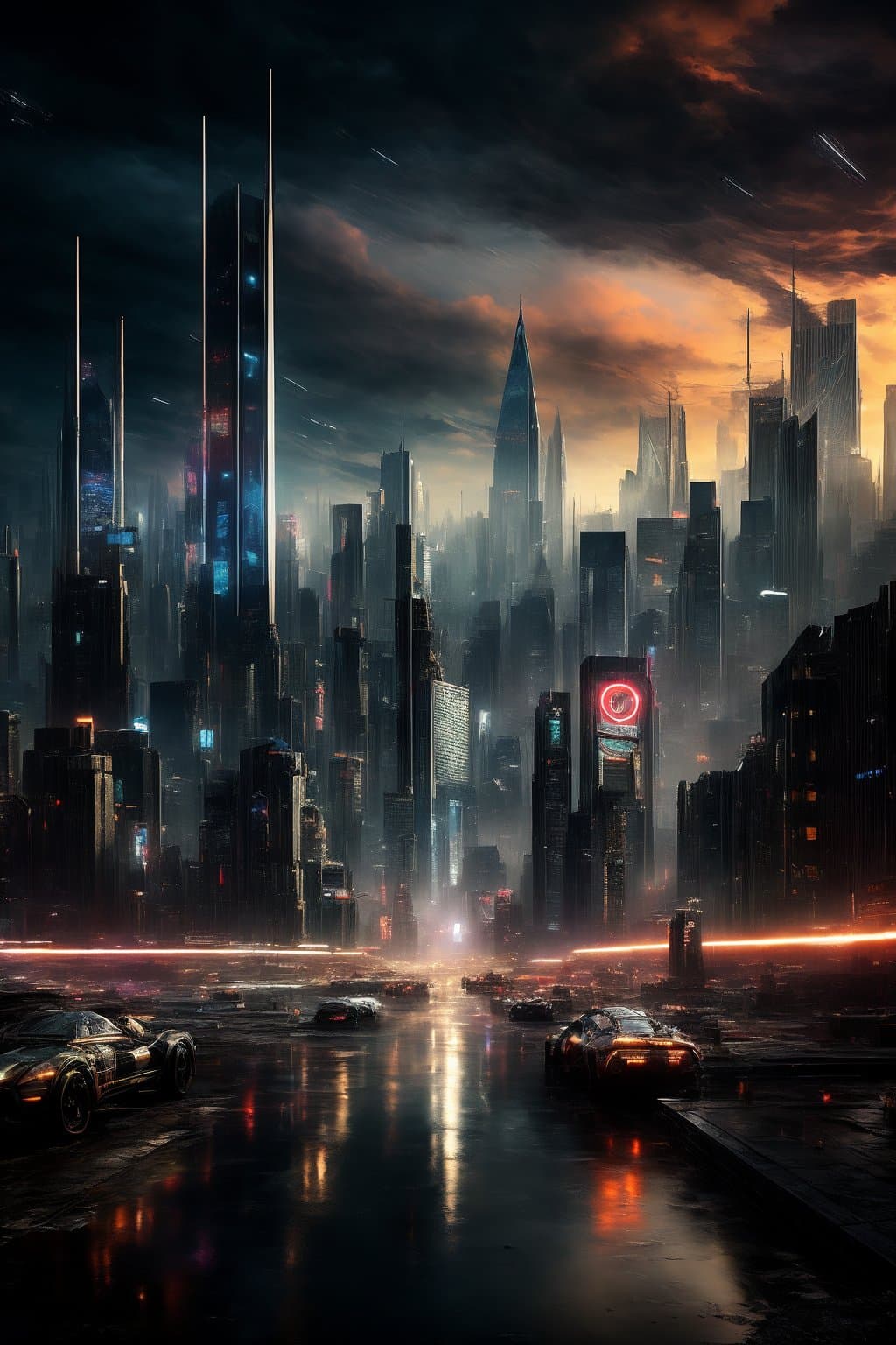 AI generated: futuristic nighttime cyberpunk New York City skyline landscape vista photography by Carr Clifton & G...