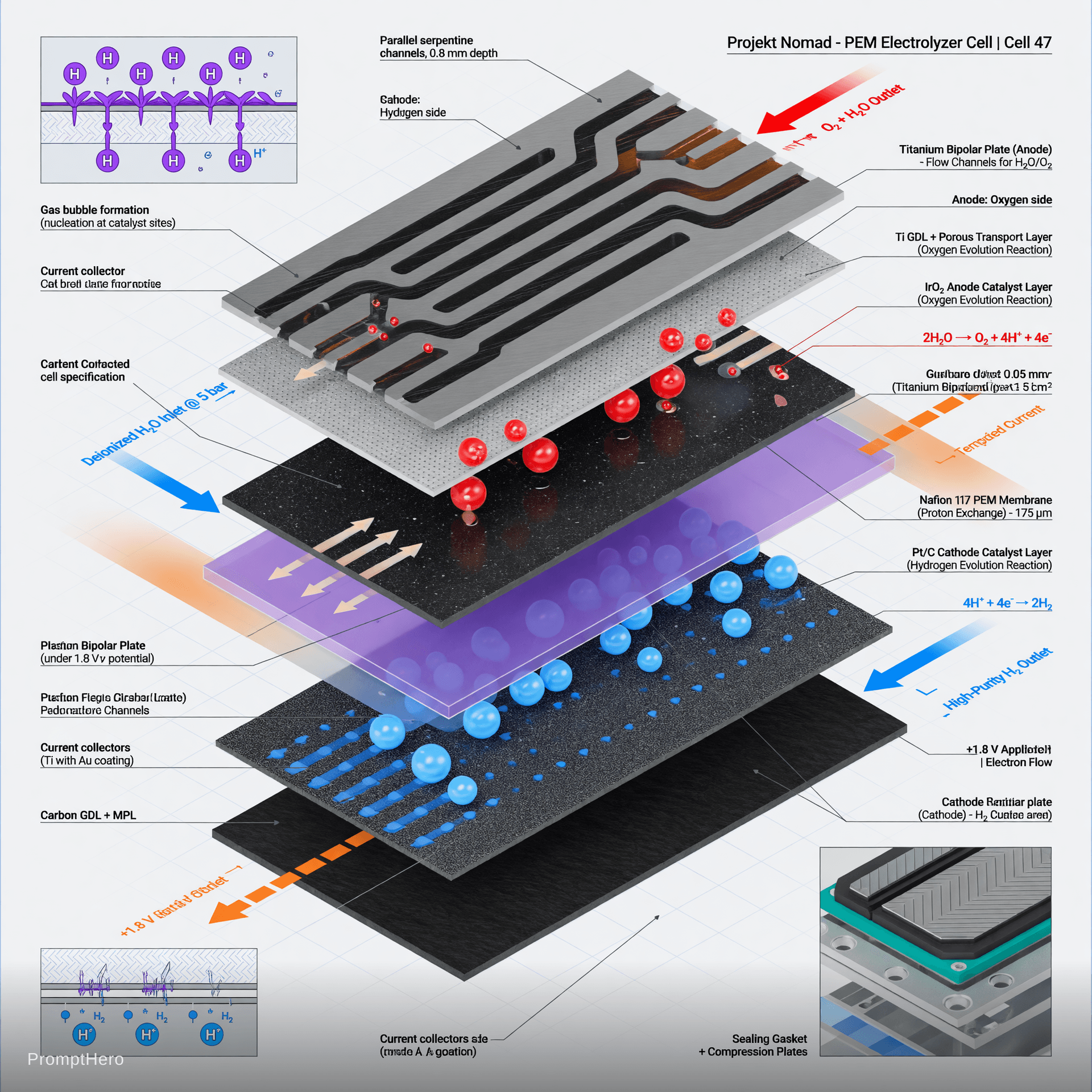AI generated: Highly detailed professional technical exploded isometric cutaway view of a PEM electrolyzer cell fo...