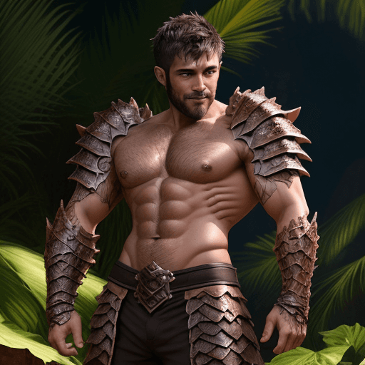 AI generated: A dark short hair man, draconic armour, scruffy, scales, shirtless, brown normal eyes, bright oasis ...