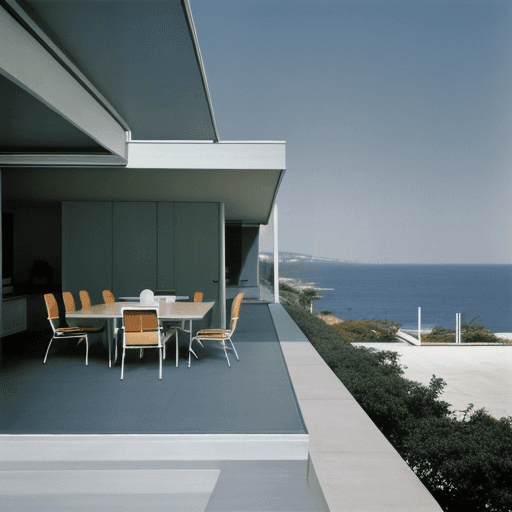 AI generated: Hyper realistic eye level exterior photo of a mid century modern style house overlooking the ocean, ...