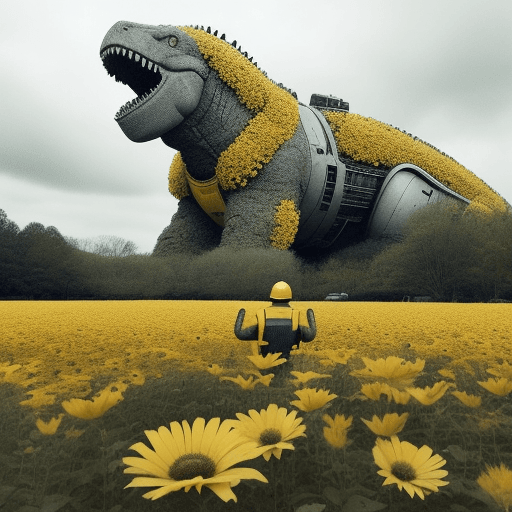 AI generated: A vintage photo shows a giant bidenzilla in the middle of a flower field, with workers wearing yello...