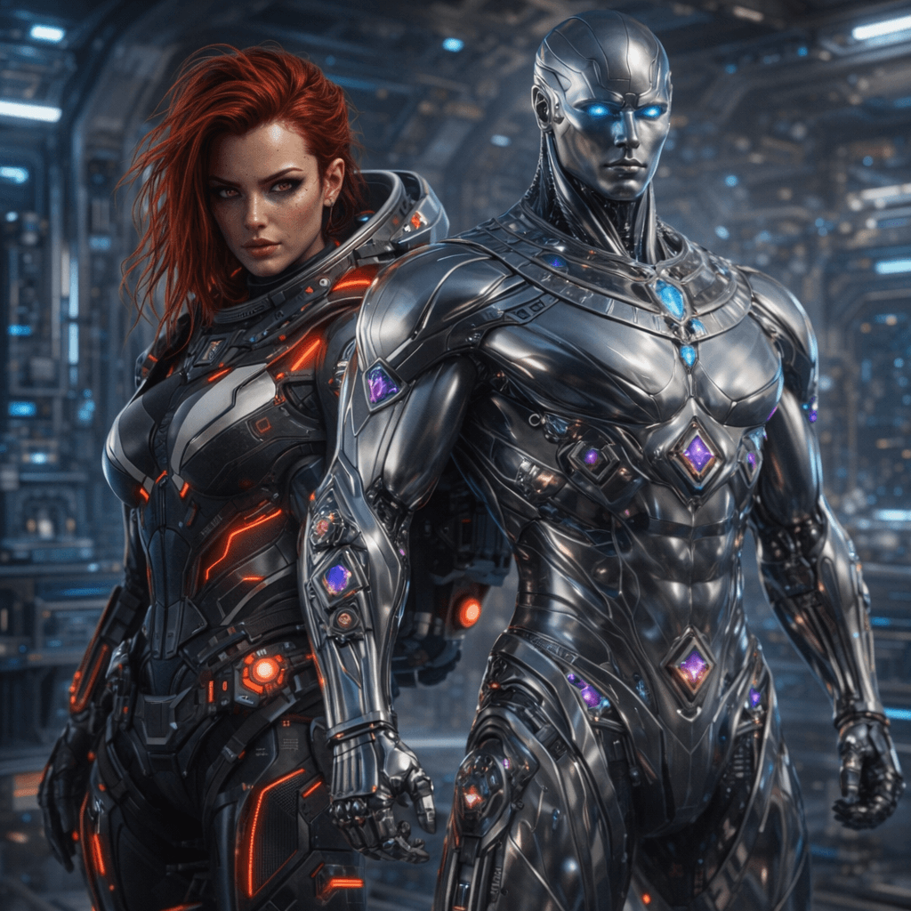 AI generated: Using the reference images one and two. Create Space Combat suits for the characters in images three...