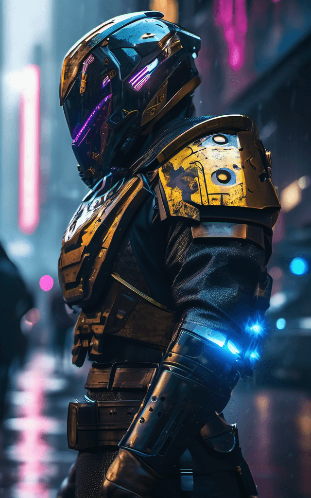 AI generated: photo of a cyberpunk armor with cyber helmet, badass, proud, brutal epic composition, lights on cybe...