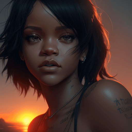 AI generated: Photo of the singer Rihanna ultra realistic, dramatic light, pale sunrise, cinematic lighting, batte...