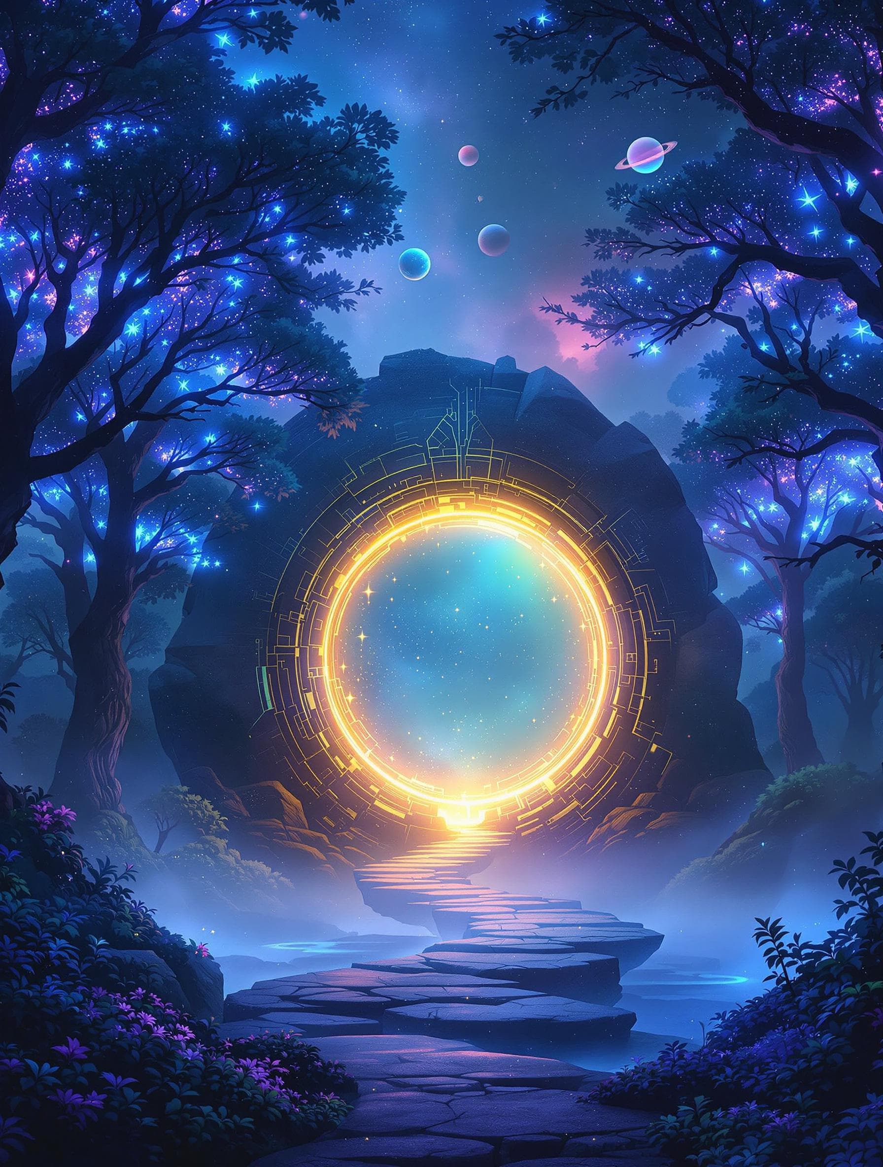 AI generated: "A glowing sci-fi portal in the center of a misty enchanted forest, surrounded by bioluminescent tre...