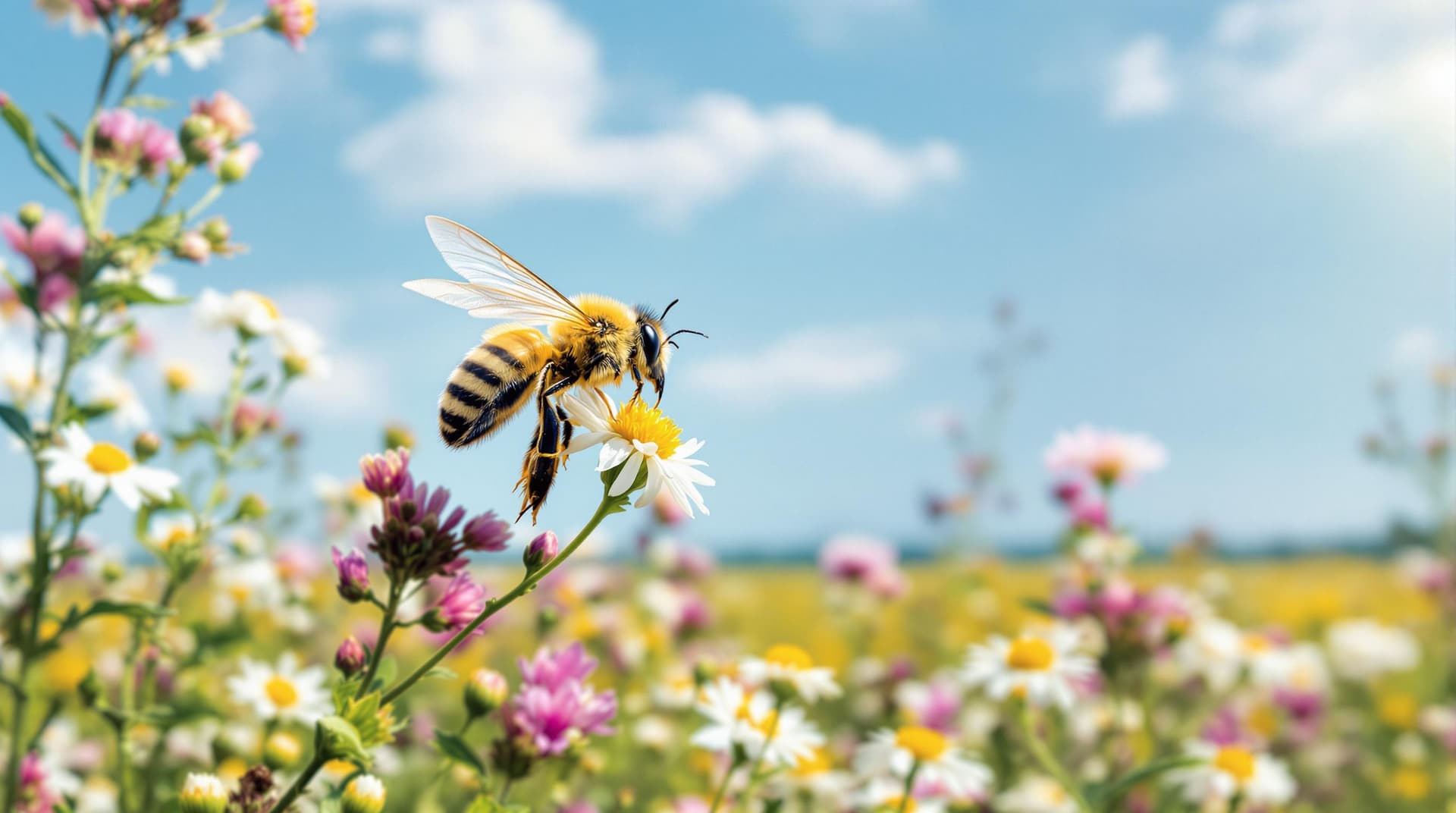 AI generated: a drone picture of a flying queen bee flying into a field of flowers on a warm sunny day