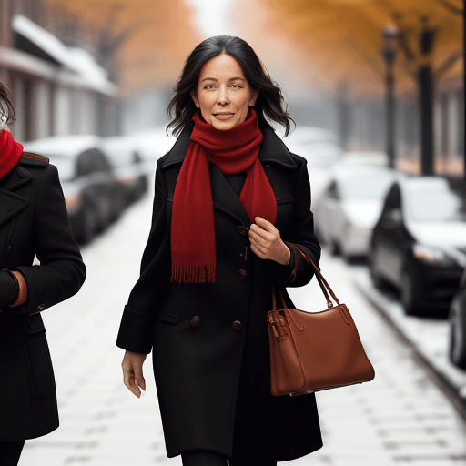 AI generated: The image features a woman walking down the street, wearing fall outfit, a red scarf and a black coa...