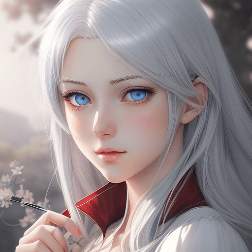 AI generated: the gorgeous looking anime heroine has white hair and blue eyes at the top, in the style of lens fla...
