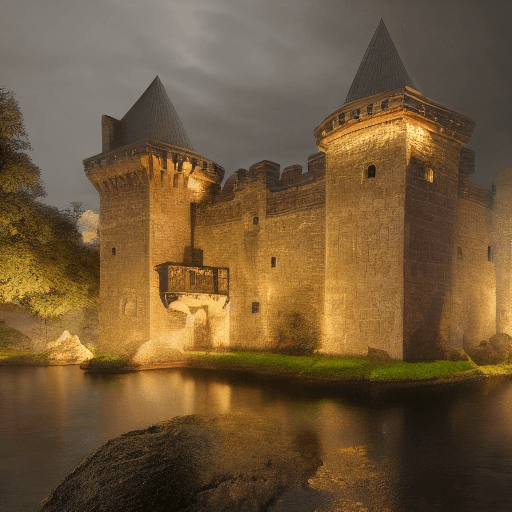 AI generated: a castle surrounded by river, rainy night, 8k, ultra realistic., 