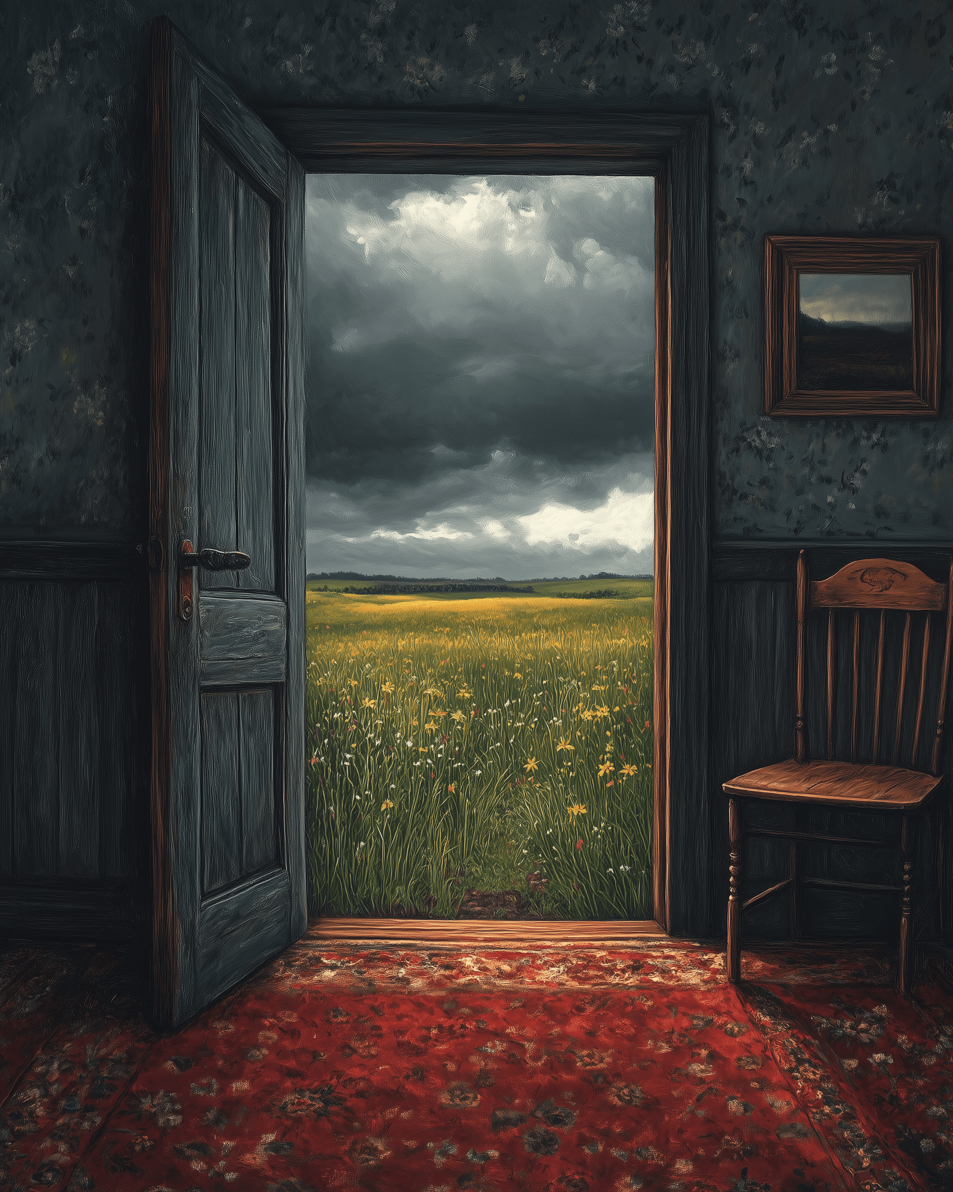 AI generated: An open door leading to an endless green field with some wild flowers, a dark grey sky with clouds, ...