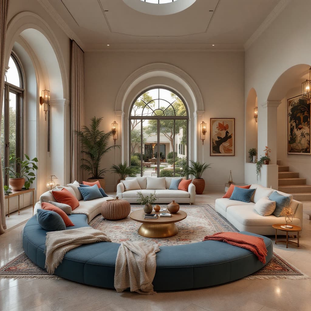 AI generated: High resolution photography of interior design, a dreamy sunken living room conversation pit with Pe...