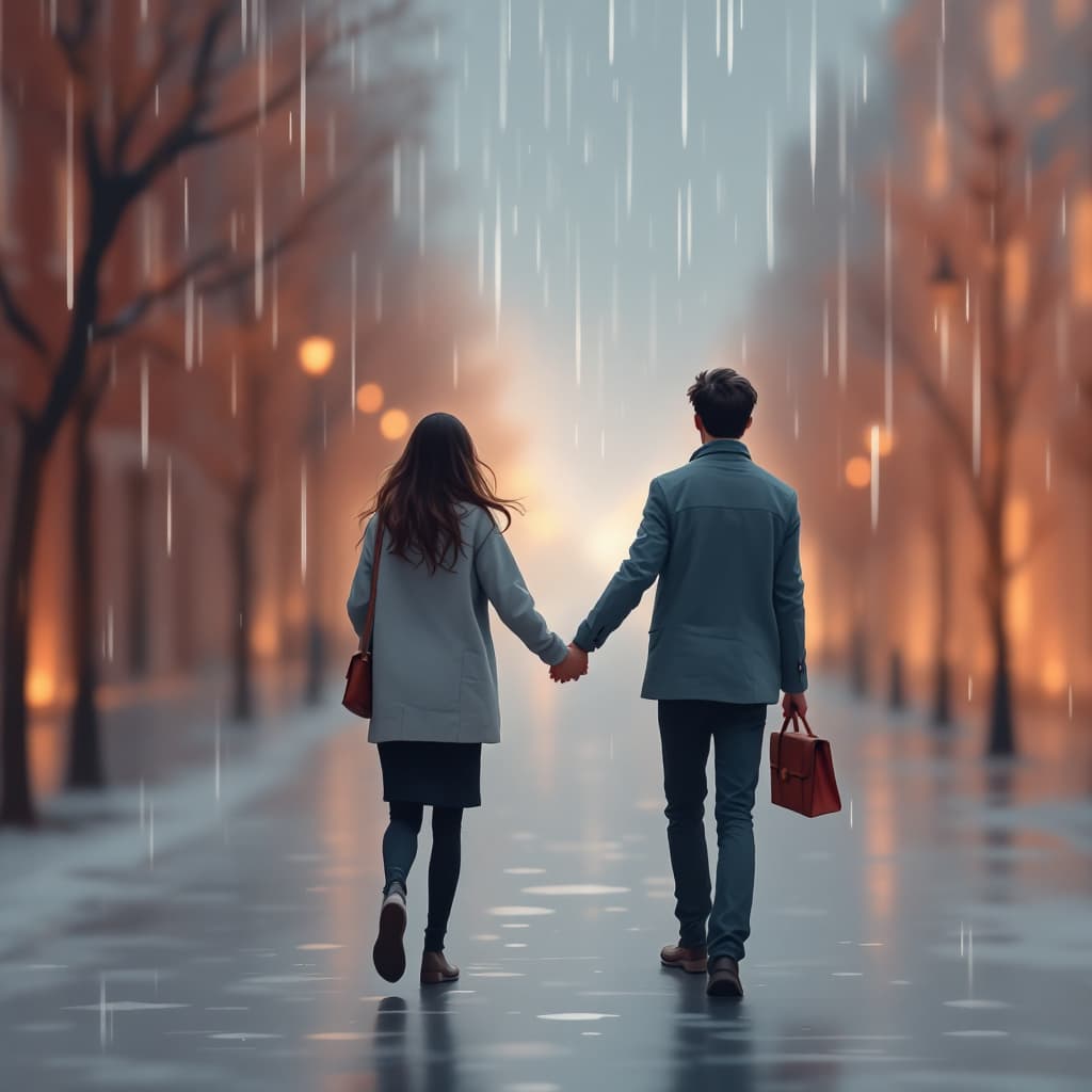 AI generated: create cartoon images Women and men walk hand in hand. While it's raining