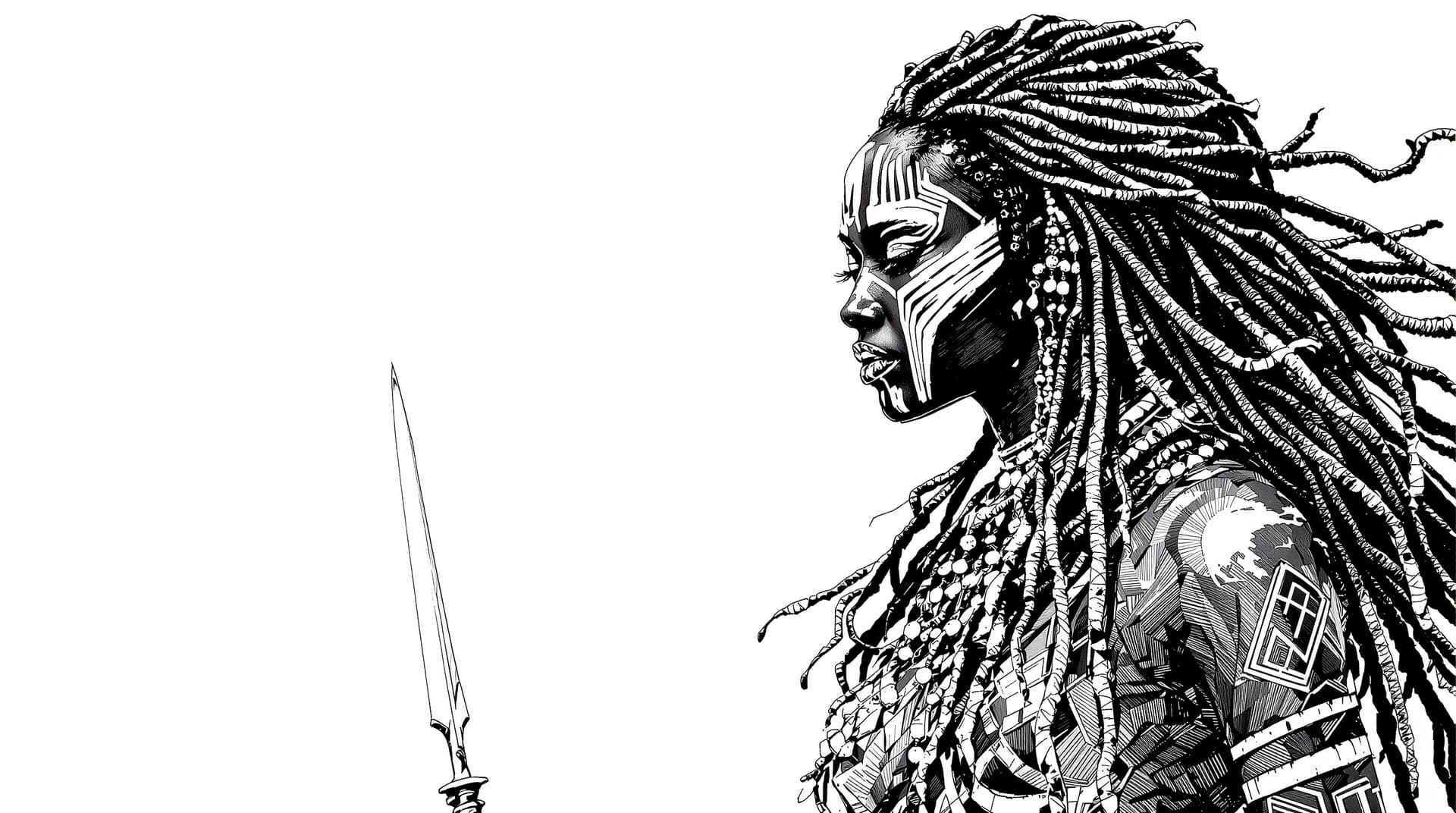 AI generated: black and white drawing of a african female princess warrior woman with silky hair, wearing white wa...
