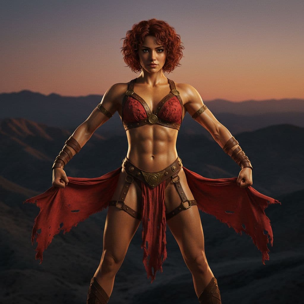AI generated: photo of teela in a teela thong costume, read hair, short hair, tan skin, standing in a desert mount...