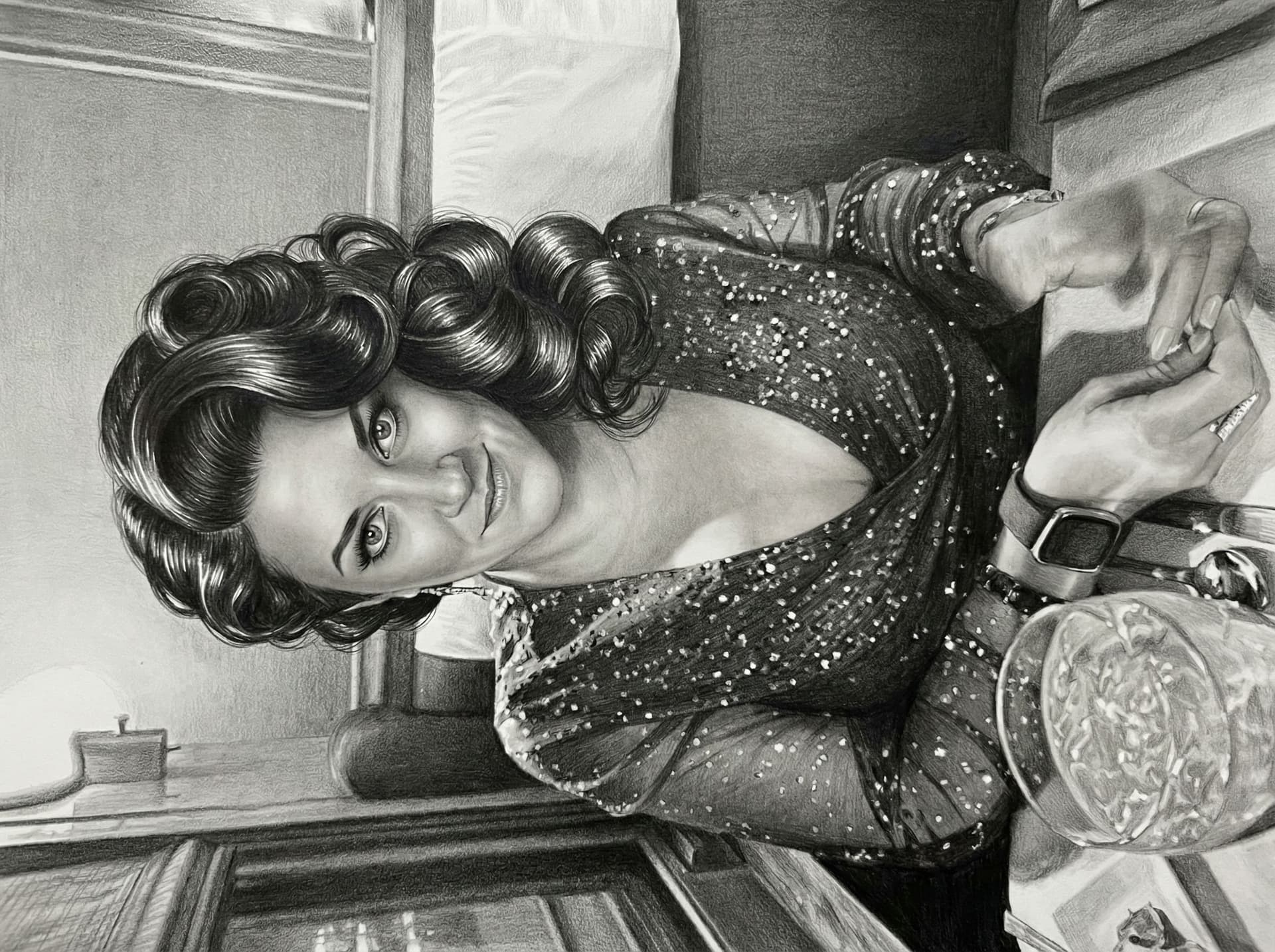 AI generated: the drawing shows a woman with hair in an updo, in the style of hyperrealism and photorealism, glamo...