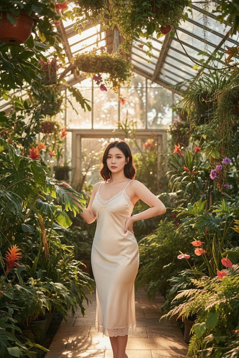 AI generated: short soft Chinese beauty with plump hips standing among lush tropical plants in sunlit glass conser...