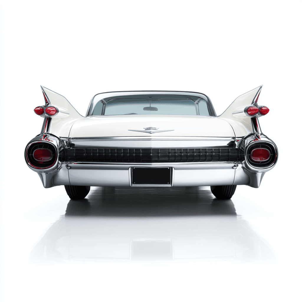 AI generated: vintage 1959 Cadillac Eldorado clipart, showcasing its extravagant tailfins, chrome grille,
and lux...