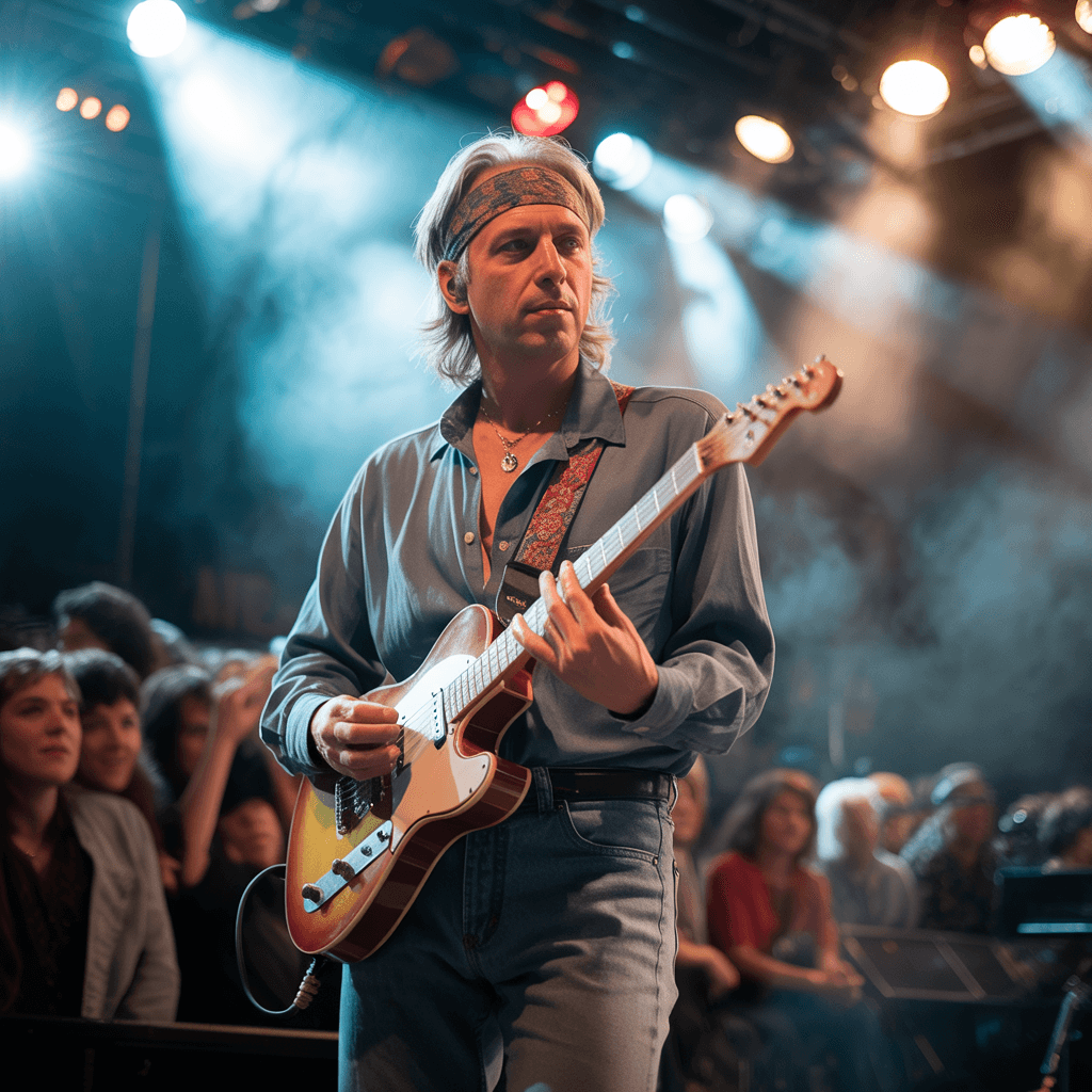 AI generated: Mark Knopfler performing live on stage in the 1980s, wearing a headband, playing electric guitar in ...