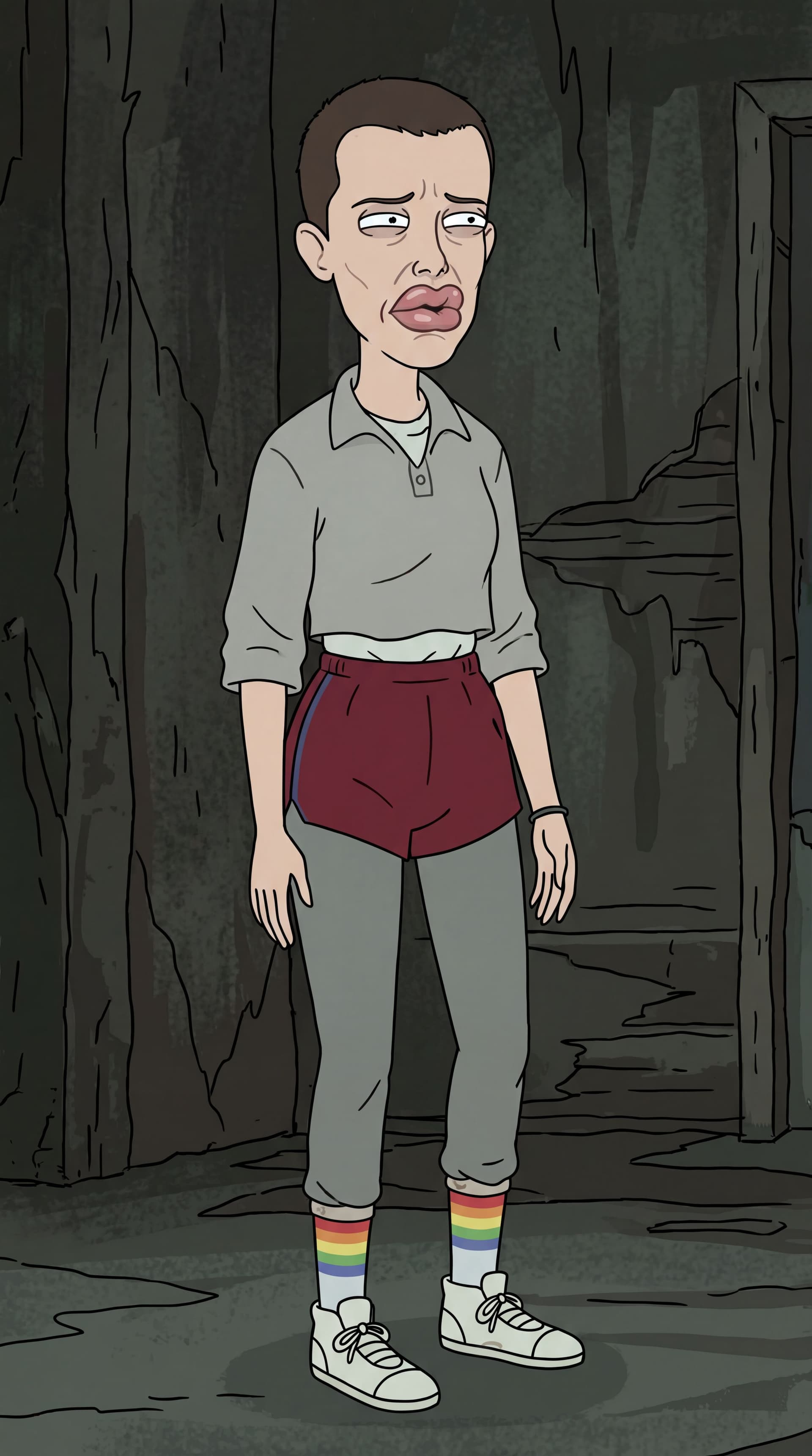 AI generated: Generate full-body Stranger Things from Season 5. Eleven characters in the iconic Rick and Morty ani...