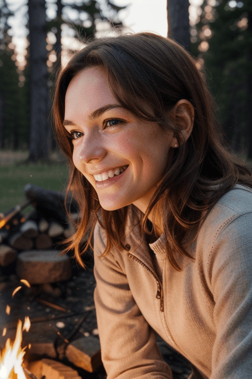 AI generated: close up of girls face, lit up by campfire, brunette hair midlength, side view, smiling