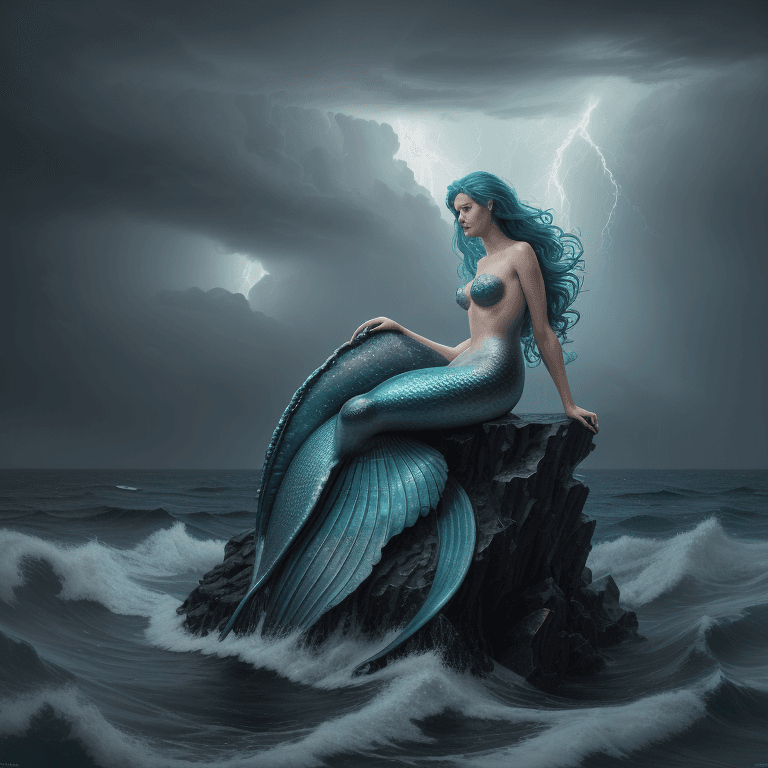 AI generated: oil painting of a beautiful (mermaid: 1. 3), sitting on a bolder in the middle of the sea, very deta...