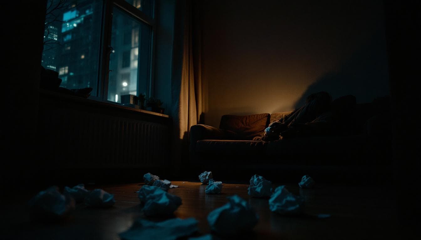 AI generated: Cinematic, ultra-realistic POV shot inside a small Berlin apartment at night. Very low, moody lighti...