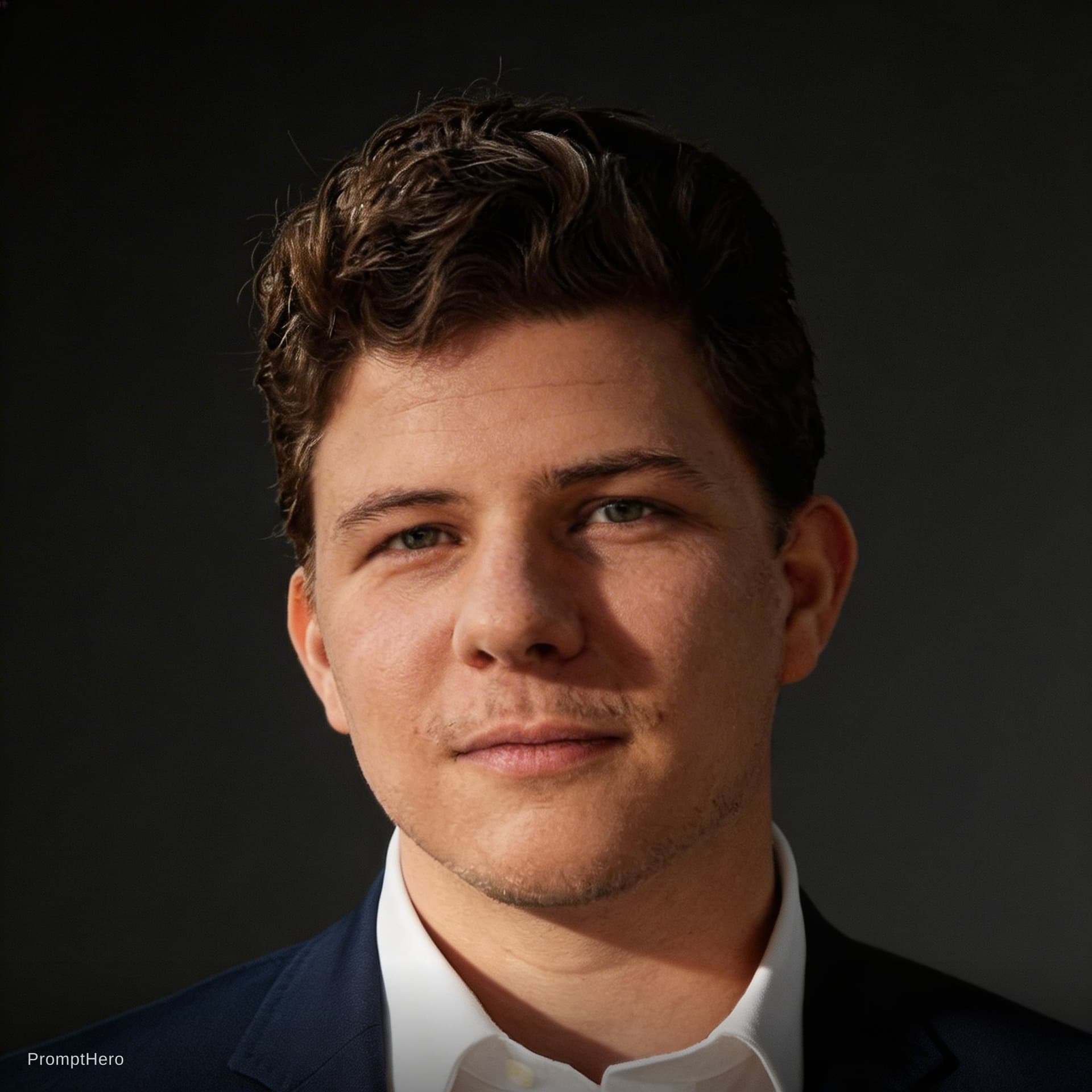 AI generated: professional LinkedIn headshot,
dark gray studio background,
soft Rembrandt studio lighting,
natural...
