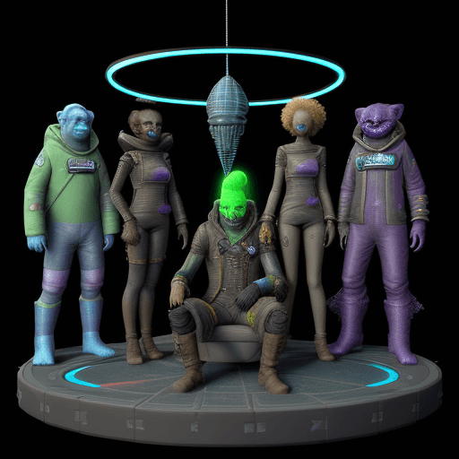 AI generated: Depict a space pirate crew consisting of various alien species in worn-out space outfits, gathered a...