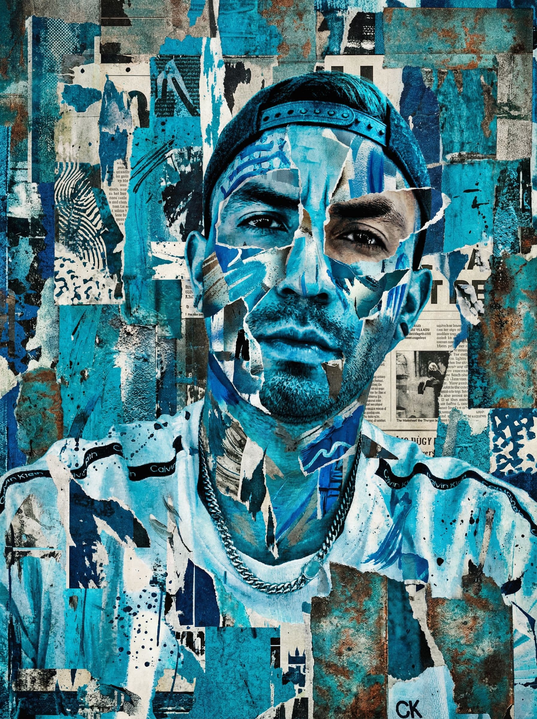 AI generated: print collage of this  face, in the style of josef kote, grunge beauty, dain yoon, cyan and blue, hi...