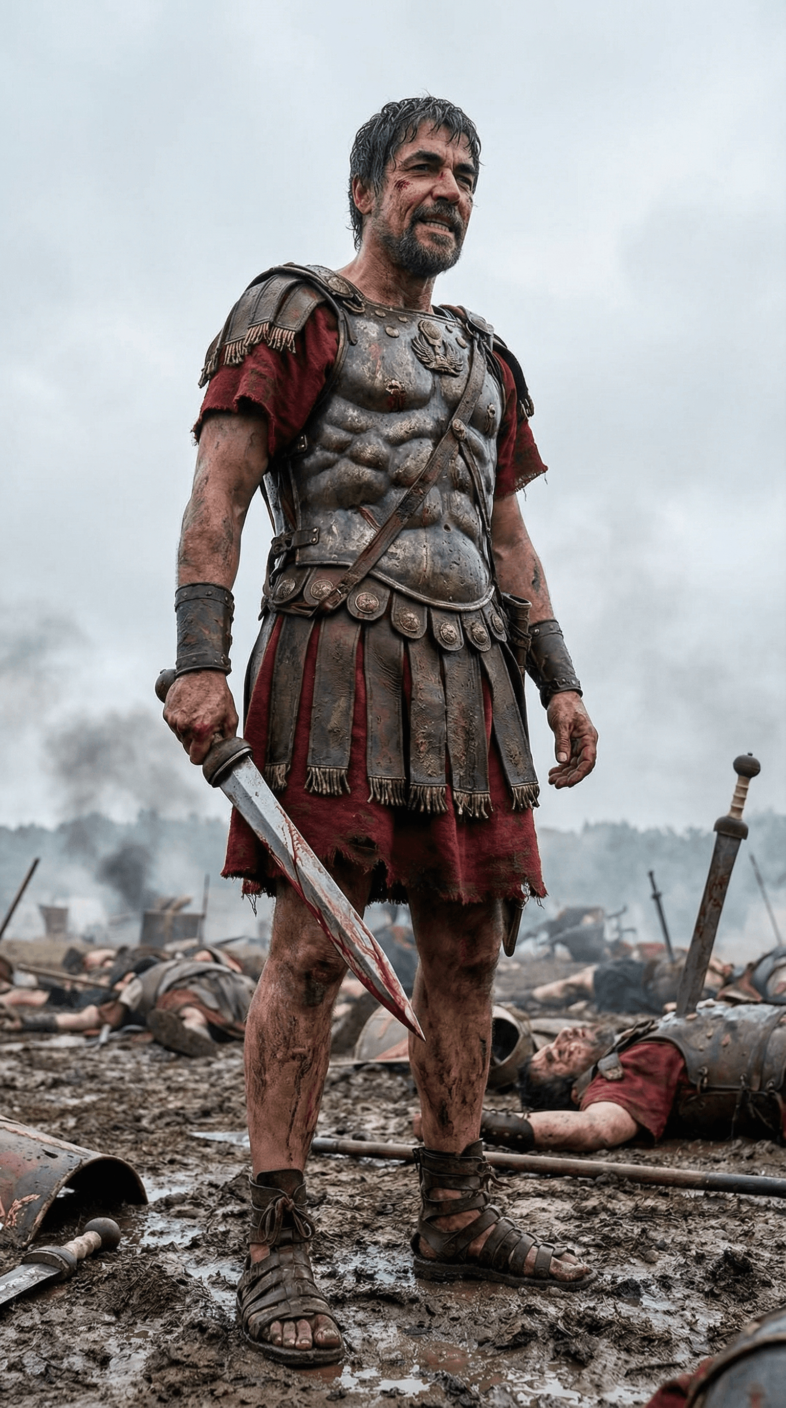AI generated: A, full body, slight upshot, front photo of a Roman Centurion, without a helmet, stands majestically...