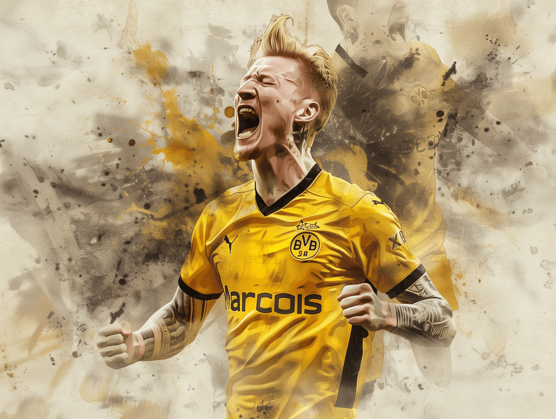 AI generated: A portrait of "Marco Reus" in the style of watercolor painting, he is celebrating a goal on the fiel...