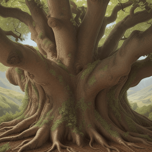 AI generated: Close-up, masterpiece of art, detailed Andean oak tree from root to crown, highlighting its foliage,...