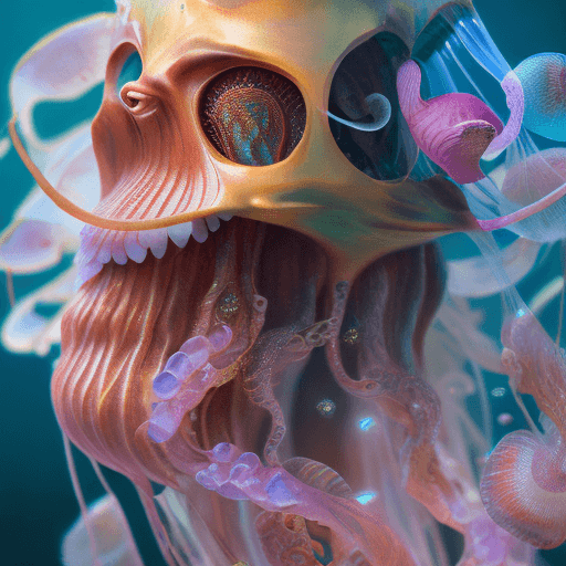 AI generated: Goddess close-up portrait ribcagel. jellyfish phoenix head, nautilus, orchid, skull, betta fish, bio...