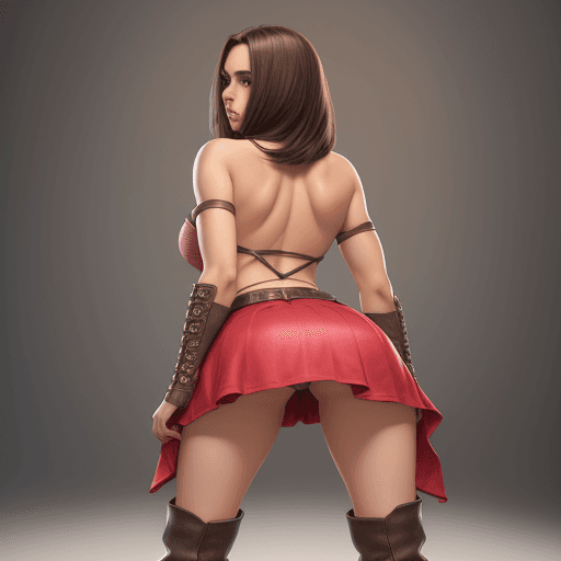 AI generated: Hot brunette,  big chest, bending down showing back skirt,  smooth ,high boots, mini skirt ,  full b...