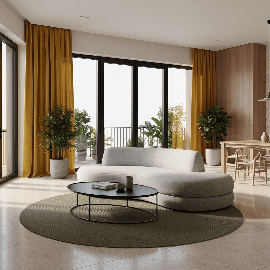 AI generated: Modern minimalist living room interior
contemporary Scandinavian style, warm neutral palette, biophi...