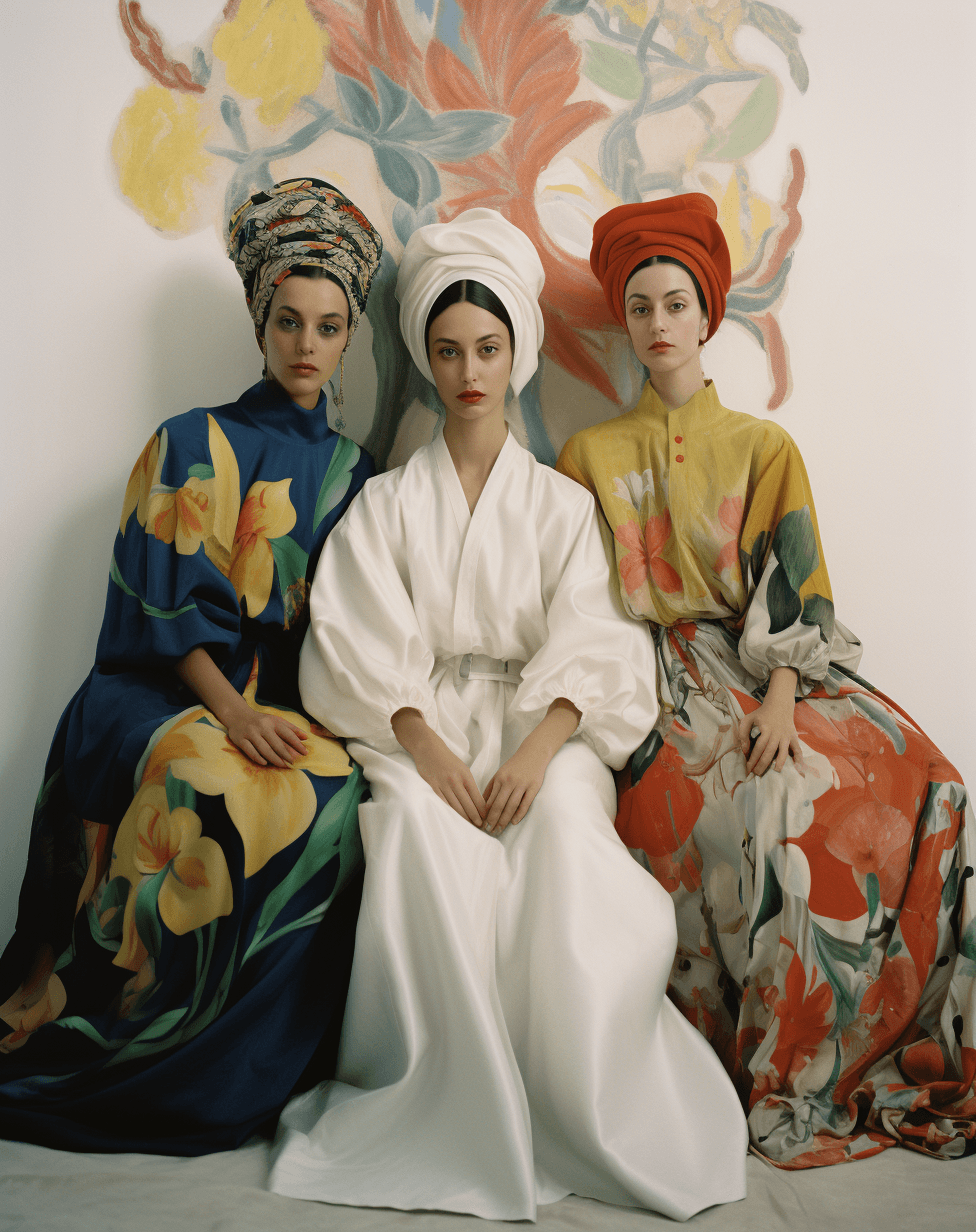 AI generated: A fashion photography of an Arabic woman in the center, wearing white and black with a green headsca...