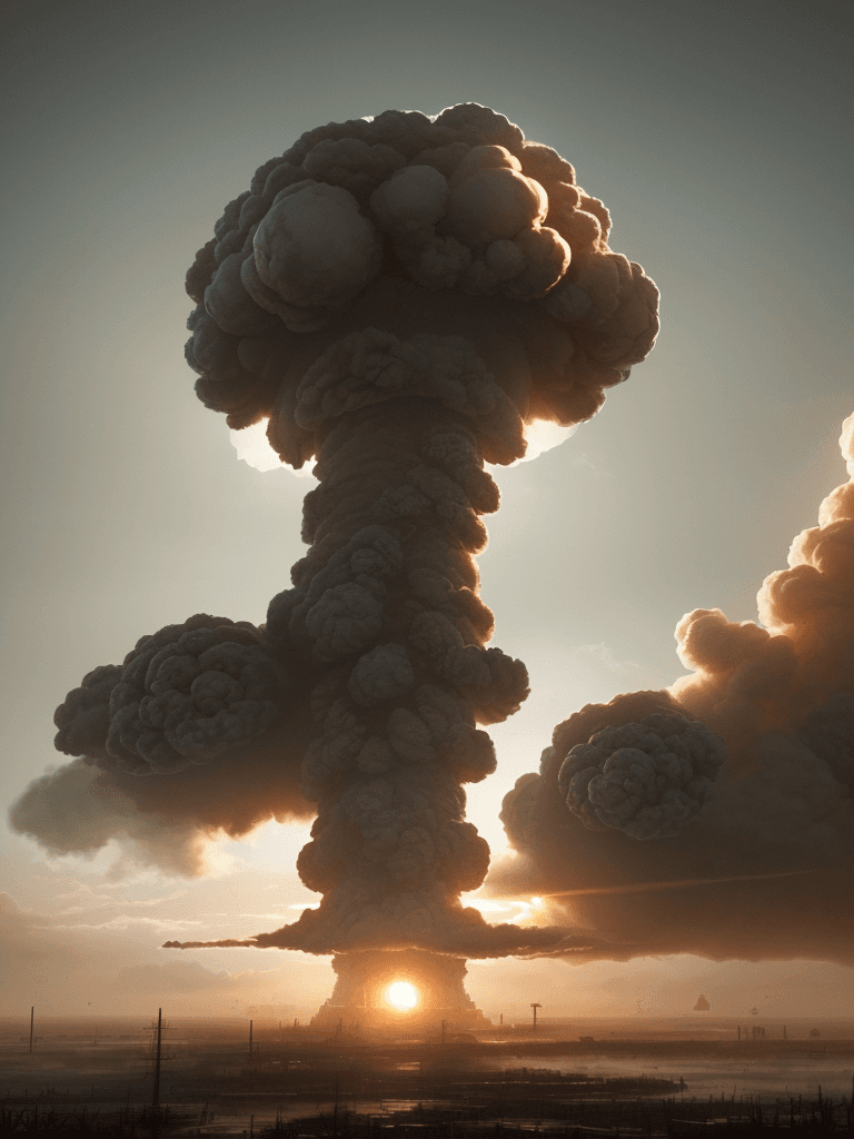 AI generated: Photo of a ultra realistic nuclear war , dramatic light, pale sunrise, cinematic lighting, battered,...