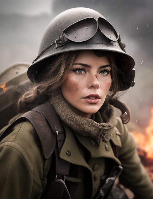 AI generated: Sofía  Vergara as a female german ss soldier in the trenches, full body, War Photography ,full lands...